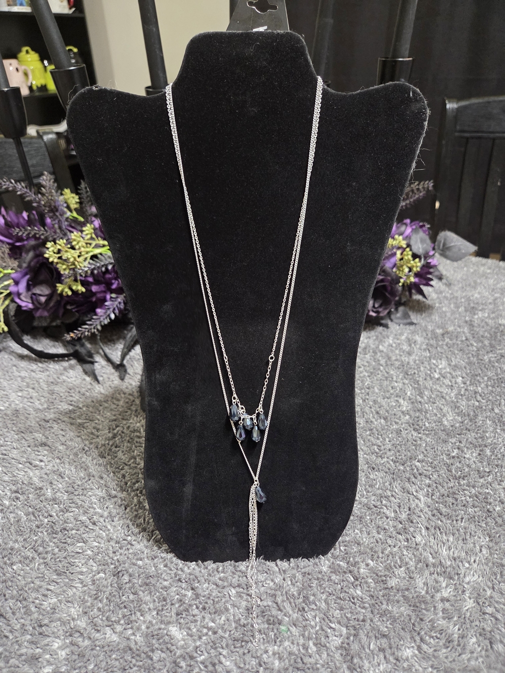 Delicate Silver Lariat Necklace with Navy Blue Crystal Drops